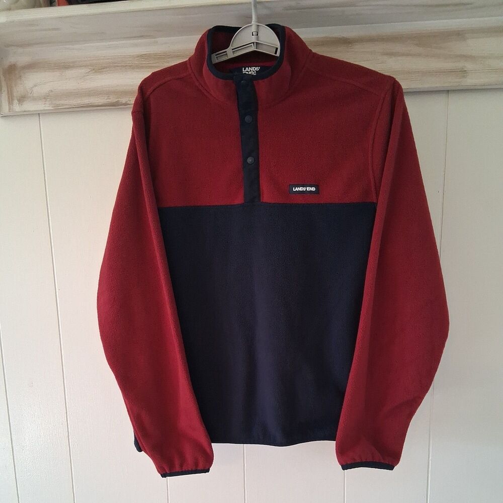 Lands End Mens Fleece Sweatshirt Snapneck Large blue red pullover